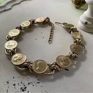 Vintage Canadian QEII Gold Tone Penny Coin Choker Style Latch Hook Necklace